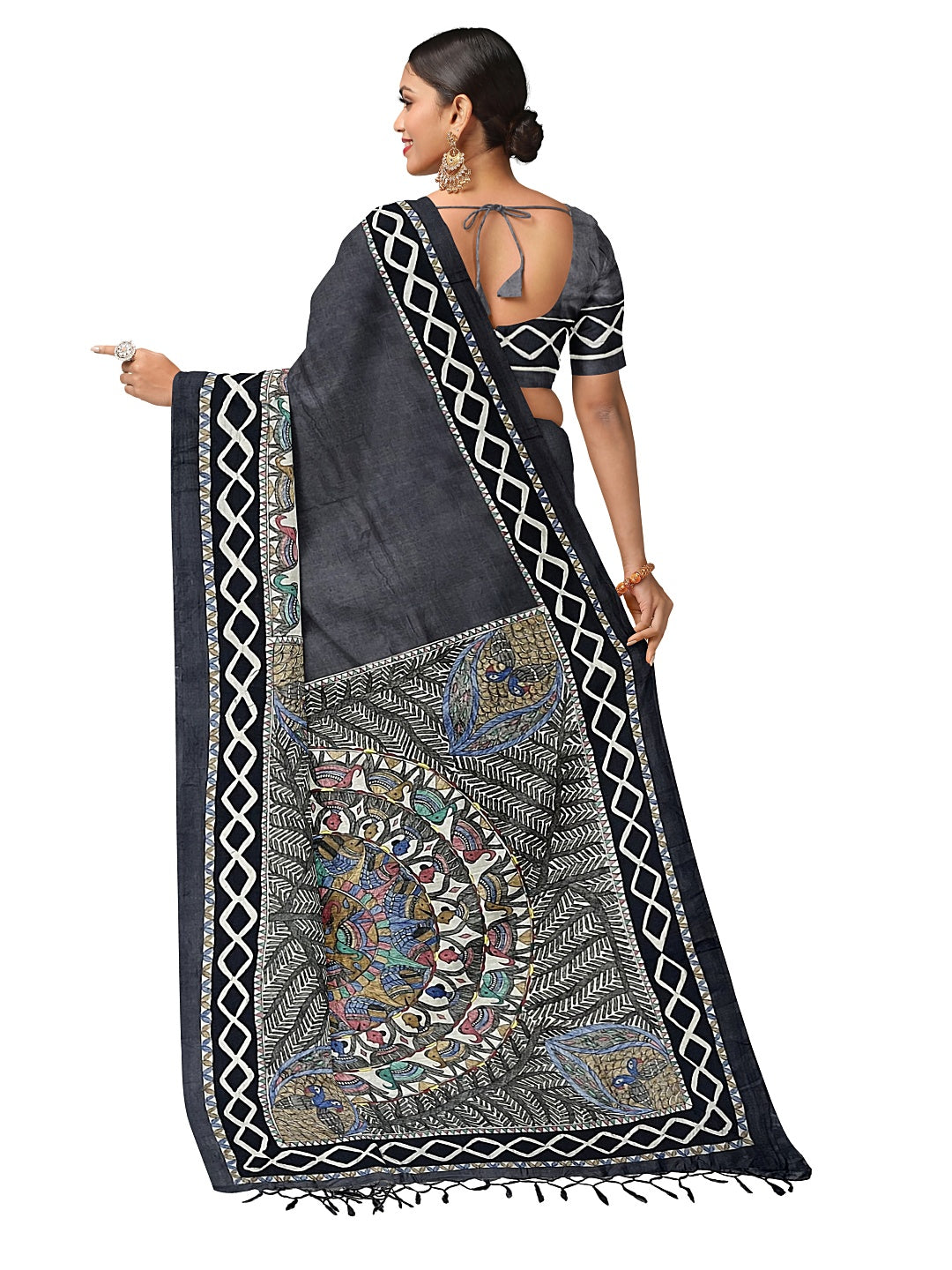 Handpainted Madhubani Saree in Godhna Style – Black Tussar Munga Silk